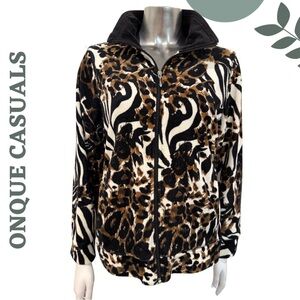 🛍️ Onque Casuals Animal-Print Cotton-Blend Zip Jacket – Black/Brown, Large